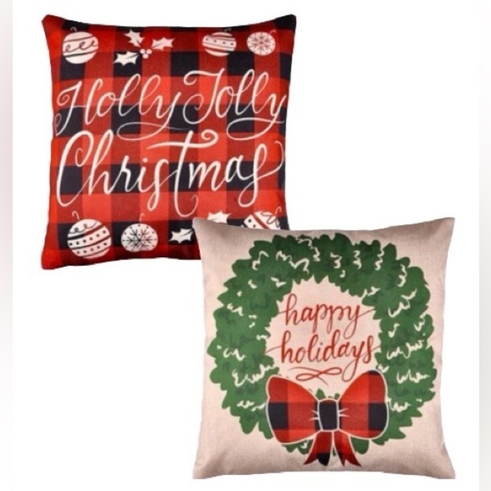 Pillow Cover Set Rustic Christmas Decor Farmhouse Plaid Linen Large Square 17.3”